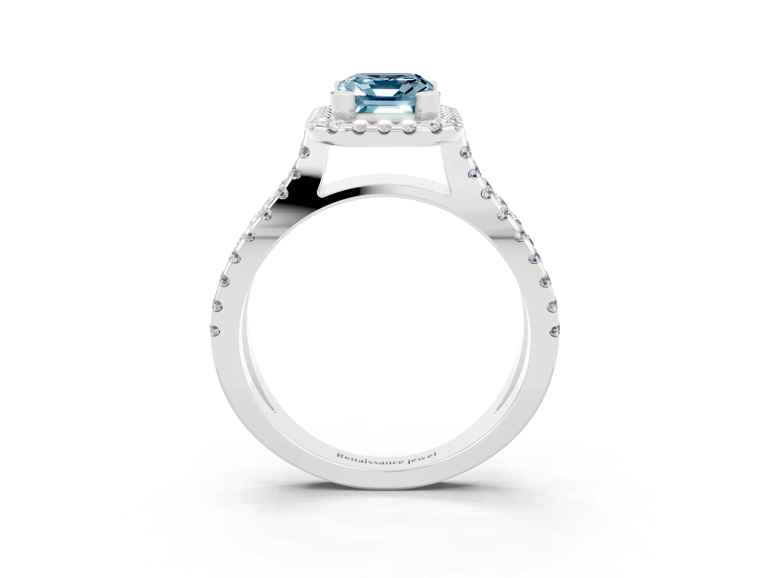 White gold Emerald Cut Aquamarine Halo Ring with Split Shank Pavé Band and Prong Setting_3