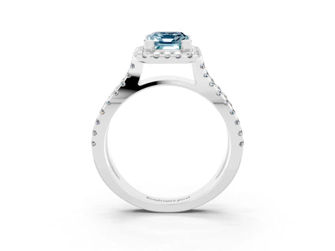 White gold Emerald Cut Aquamarine Halo Ring with Split Shank Pavé Band and Prong Setting_3