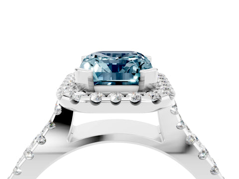 White gold Emerald Cut Aquamarine Halo Ring with Split Shank Pavé Band and Prong Setting_4