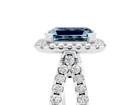White gold Emerald Cut Aquamarine Halo Ring with Split Shank Pavé Band and Prong Setting_5