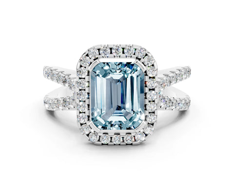 White gold Emerald Cut Aquamarine Halo Ring with Split Shank Pavé Band and Prong Setting