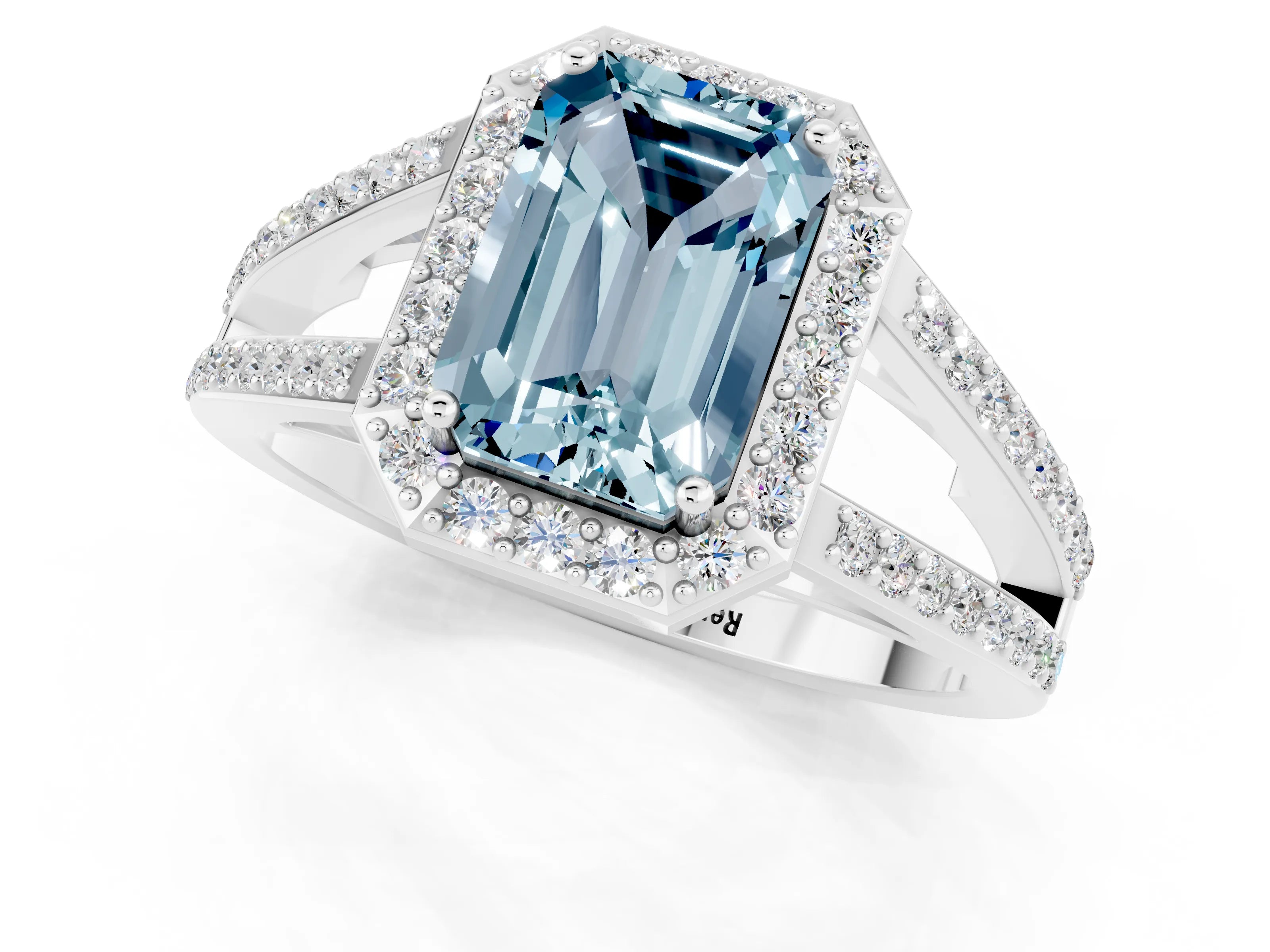 White gold Emerald Cut Aquamarine Halo Ring with Split Shank U-Prong Band and Four-Prong Setting_1