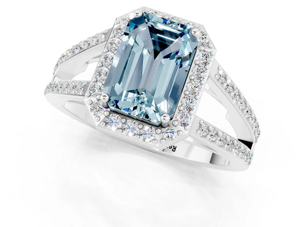 White gold Emerald Cut Aquamarine Halo Ring with Split Shank U-Prong Band and Four-Prong Setting