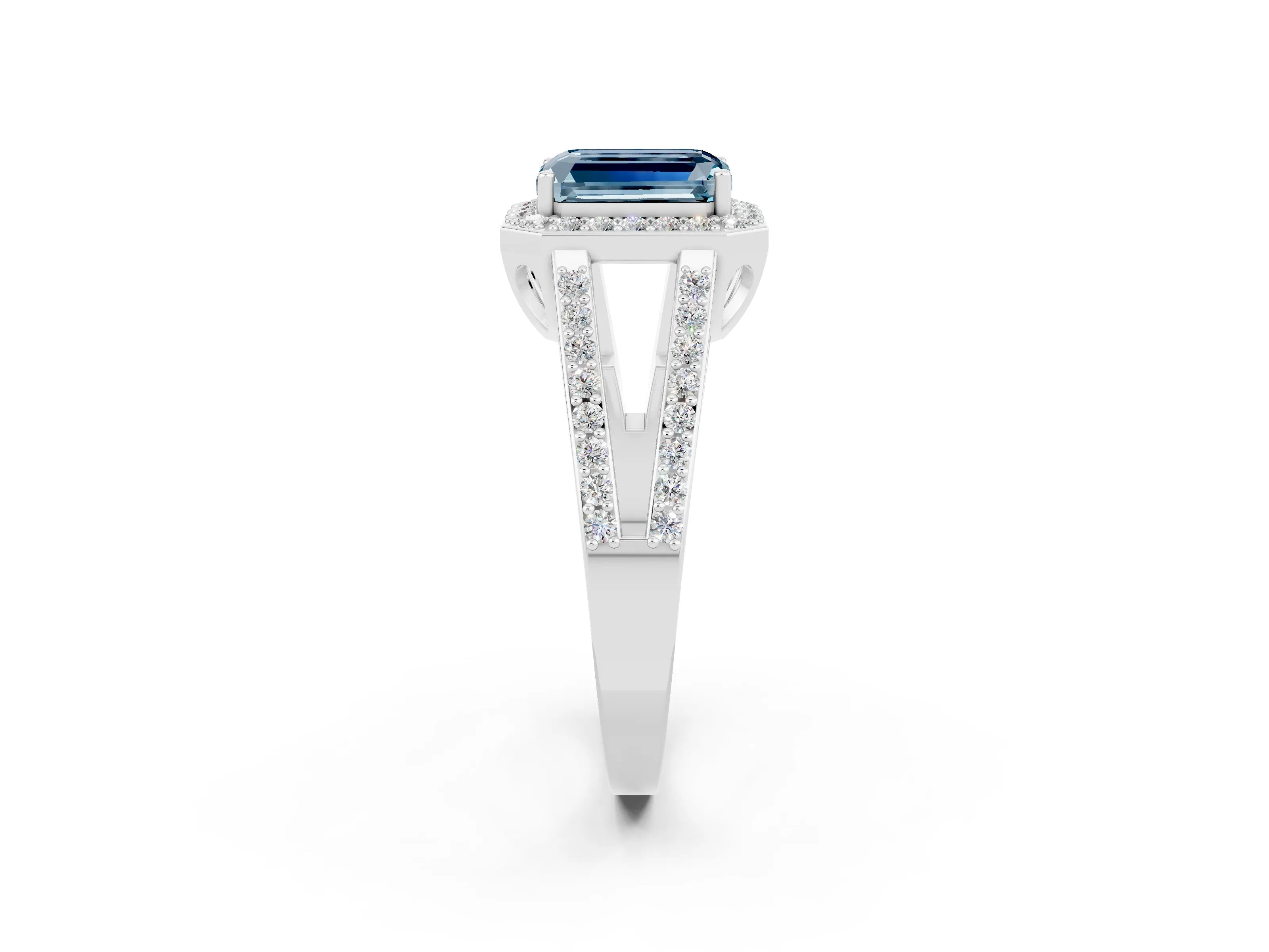 White gold Emerald Cut Aquamarine Halo Ring with Split Shank U-Prong Band and Four-Prong Setting_2