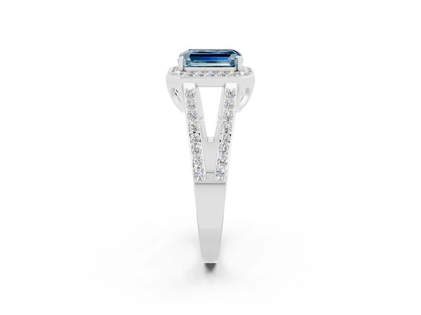 Platinum Emerald Cut Aquamarine Halo Ring with Split Shank U-Prong Band and Four-Prong Setting