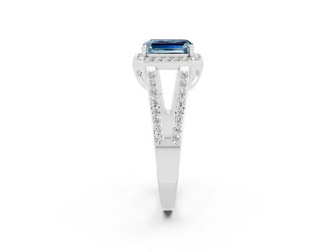 White gold Emerald Cut Aquamarine Halo Ring with Split Shank U-Prong Band and Four-Prong Setting_2