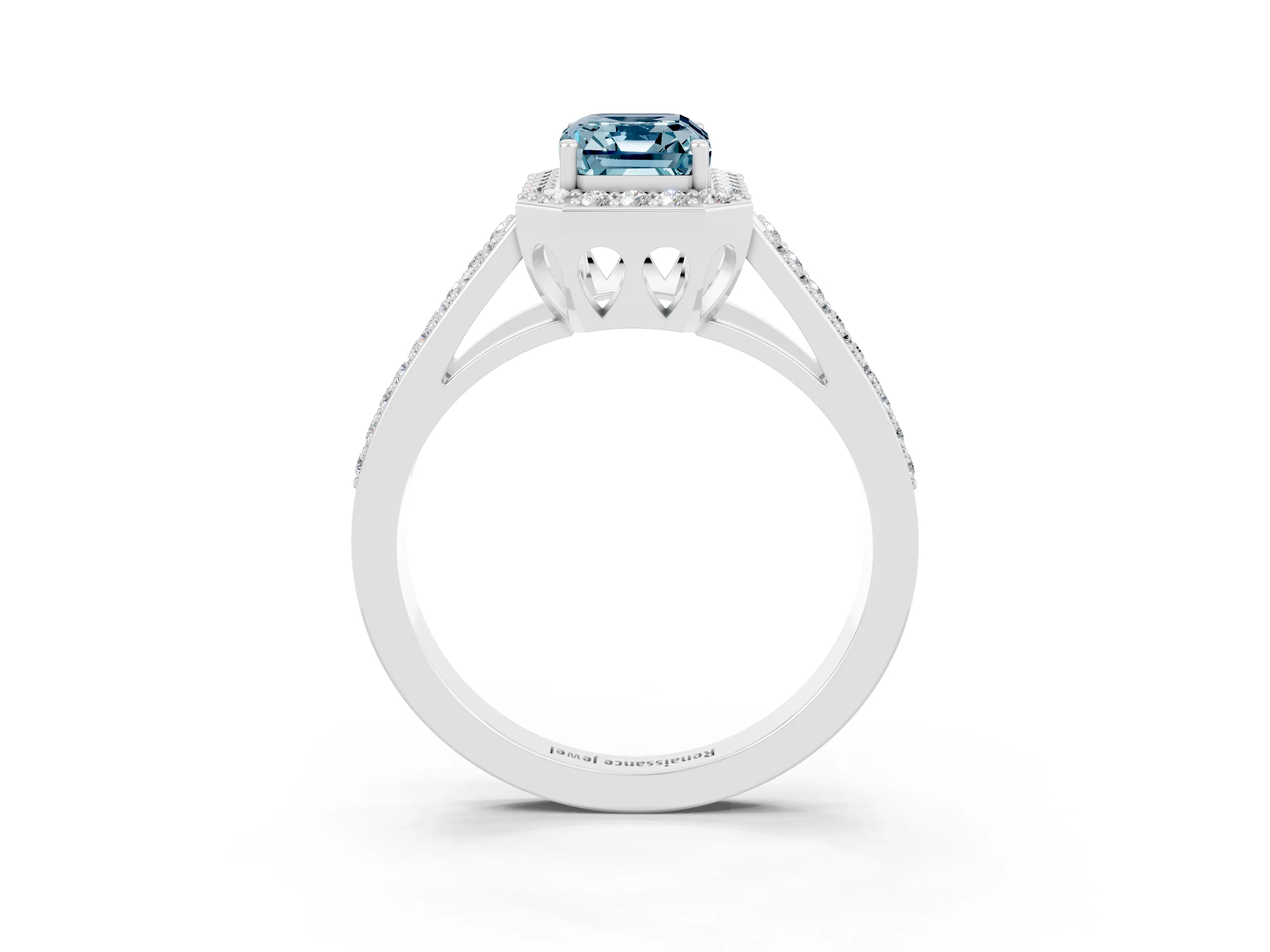 White gold Emerald Cut Aquamarine Halo Ring with Split Shank U-Prong Band and Four-Prong Setting_3