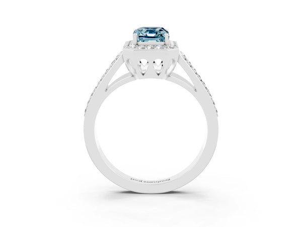 Silver Emerald Cut Aquamarine Halo Ring with Split Shank U-Prong Band and Four-Prong Setting
