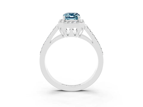 White gold Emerald Cut Aquamarine Halo Ring with Split Shank U-Prong Band and Four-Prong Setting_3