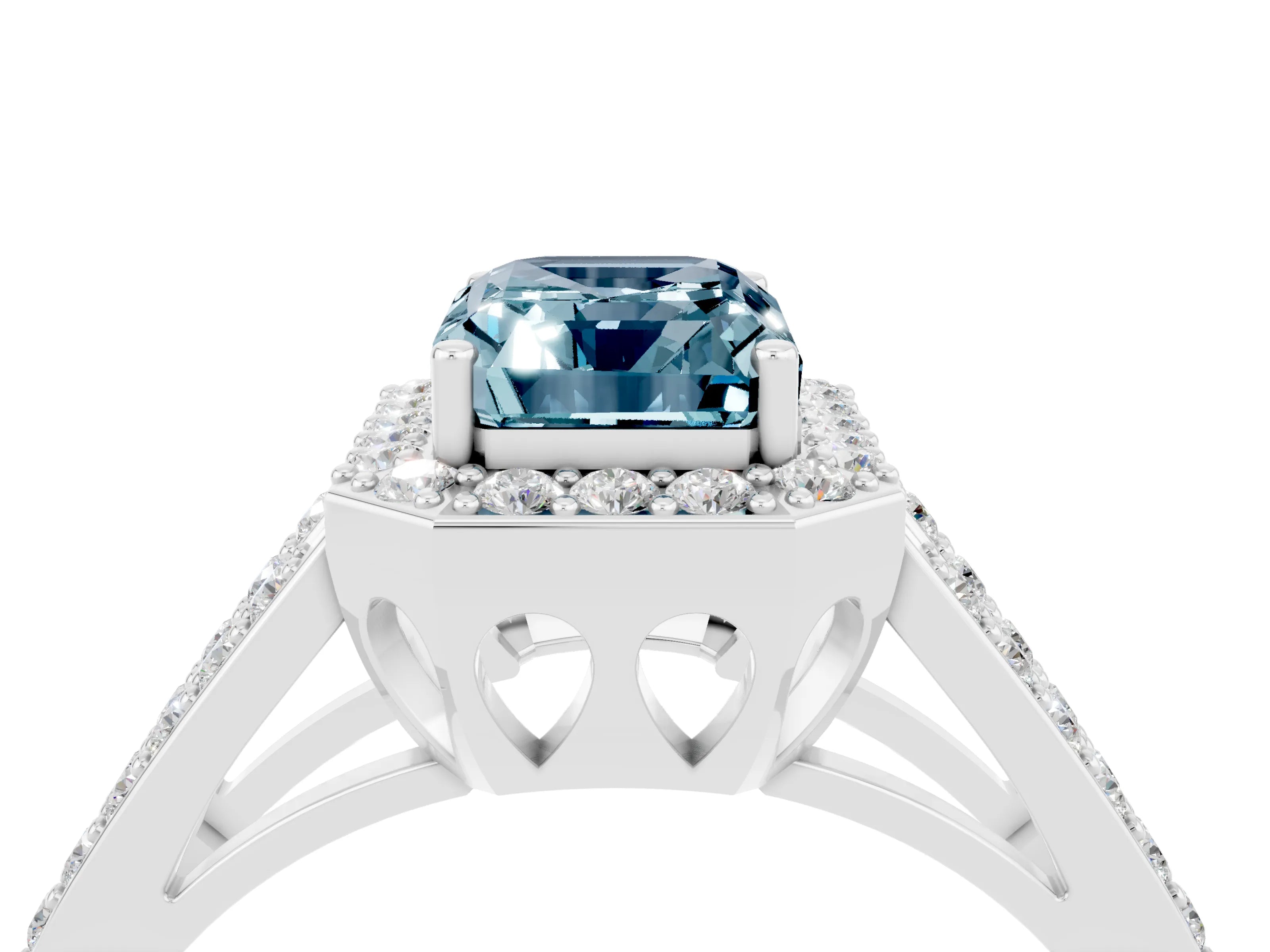 White gold Emerald Cut Aquamarine Halo Ring with Split Shank U-Prong Band and Four-Prong Setting_4
