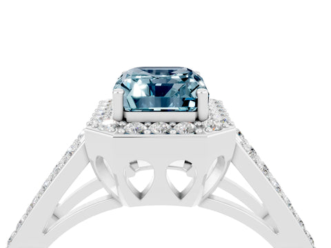 White gold Emerald Cut Aquamarine Halo Ring with Split Shank U-Prong Band and Four-Prong Setting_4