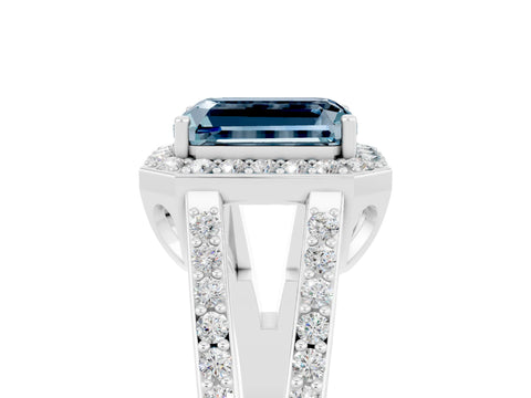 White gold Emerald Cut Aquamarine Halo Ring with Split Shank U-Prong Band and Four-Prong Setting_5