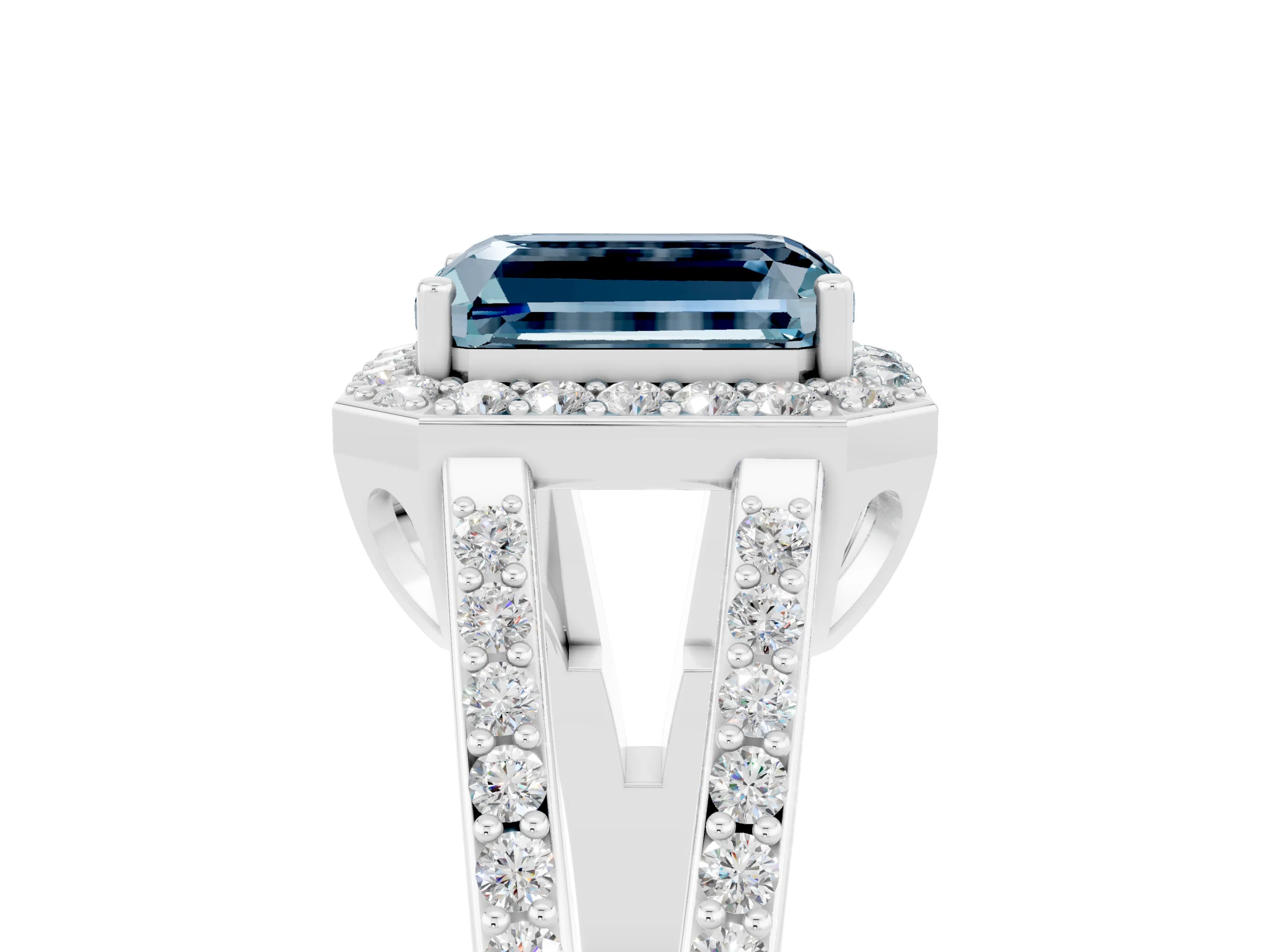 White gold Emerald Cut Aquamarine Halo Ring with Split Shank U-Prong Band and Four-Prong Setting_5