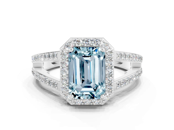 White gold Emerald Cut Aquamarine Halo Ring with Split Shank U-Prong Band and Four-Prong Setting