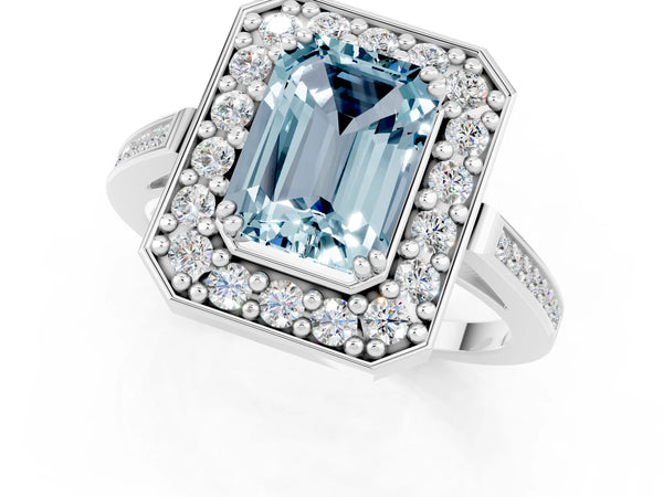 Silver Emerald Cut Aquamarine Halo Ring with Split Shank and Four-Prong Setting