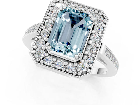 White gold Emerald Cut Aquamarine Halo Ring with Split Shank and Four-Prong Setting_1