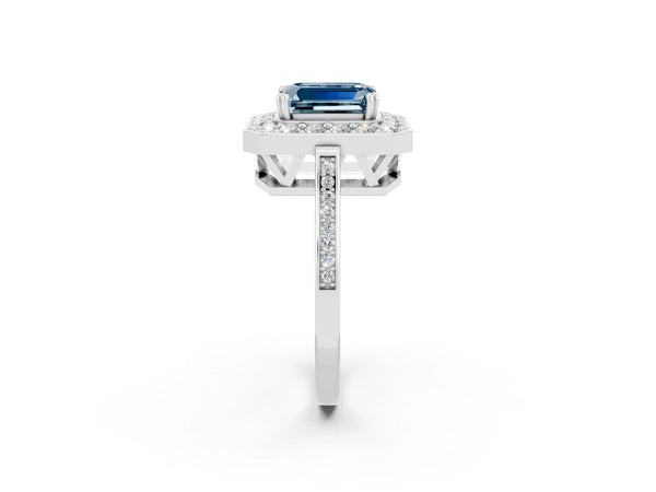 Platinum Emerald Cut Aquamarine Halo Ring with Split Shank and Four-Prong Setting