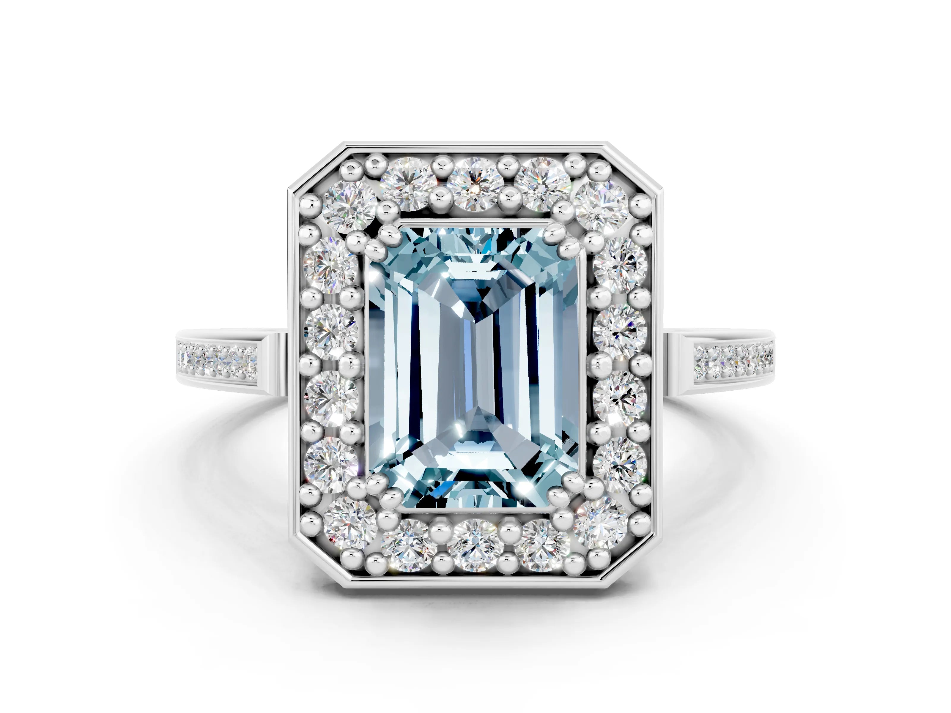 White gold Emerald Cut Aquamarine Halo Ring with Split Shank and Four-Prong Setting_24