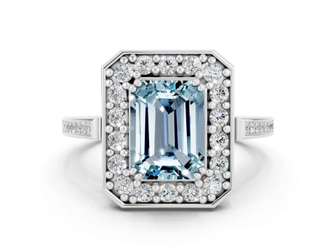 White gold Emerald Cut Aquamarine Halo Ring with Split Shank and Four-Prong Setting_24