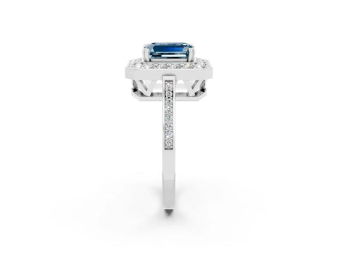 White gold Emerald Cut Aquamarine Halo Ring with Split Shank and Four-Prong Setting_26