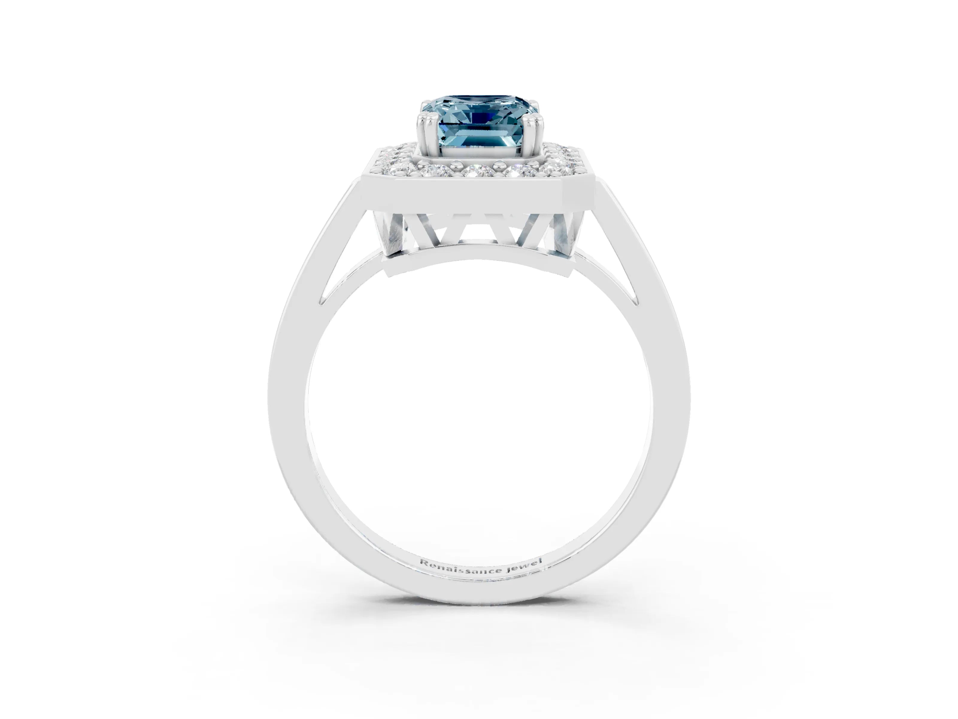 White gold Emerald Cut Aquamarine Halo Ring with Split Shank and Four-Prong Setting_27