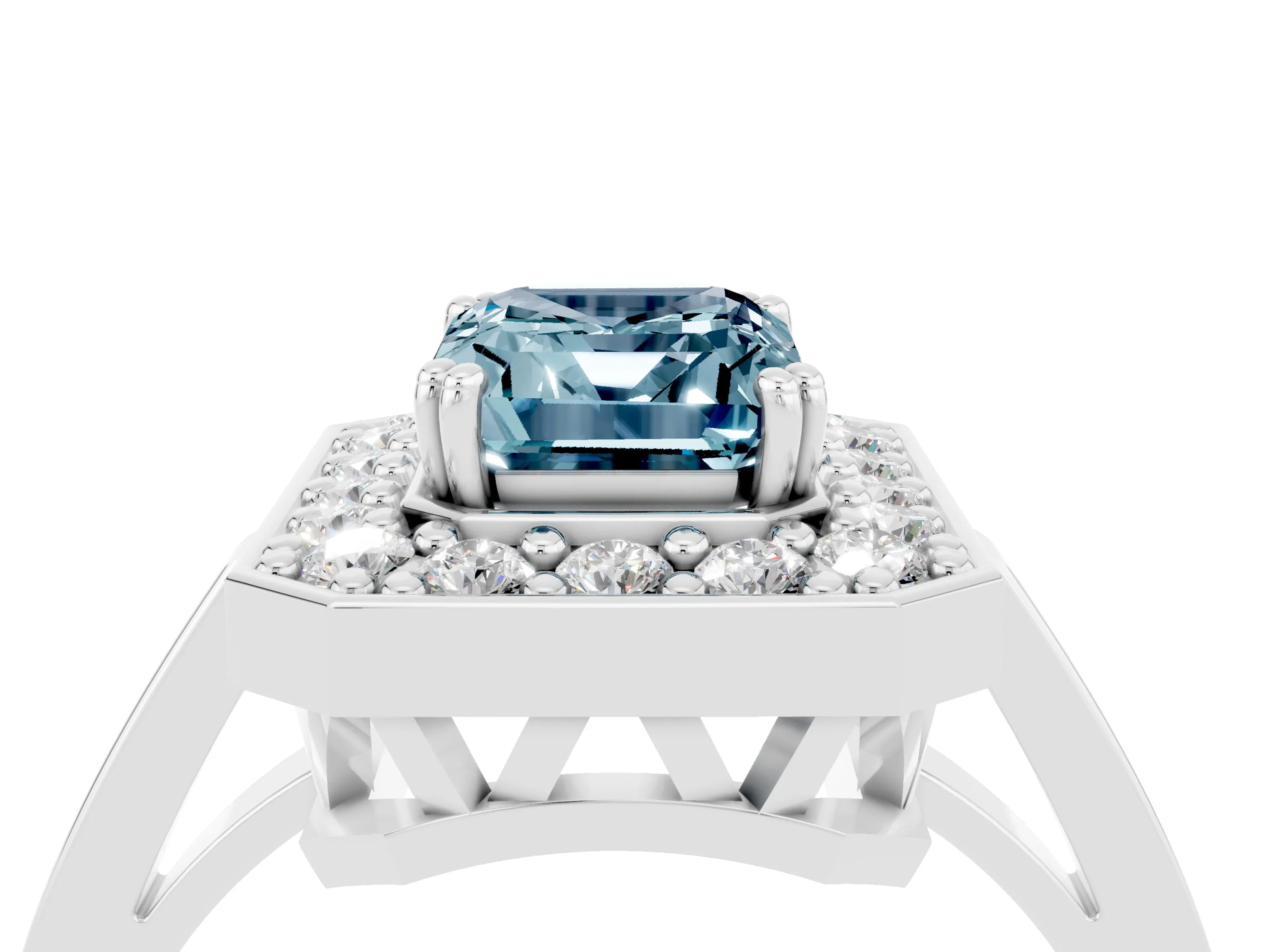 White gold Emerald Cut Aquamarine Halo Ring with Split Shank and Four-Prong Setting_4