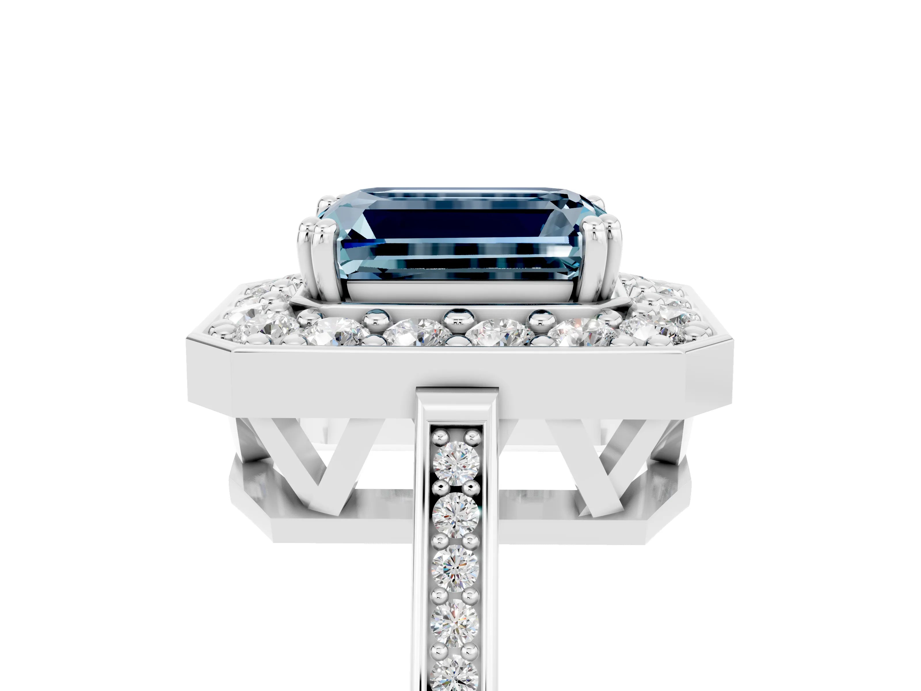 White gold Emerald Cut Aquamarine Halo Ring with Split Shank and Four-Prong Setting_5