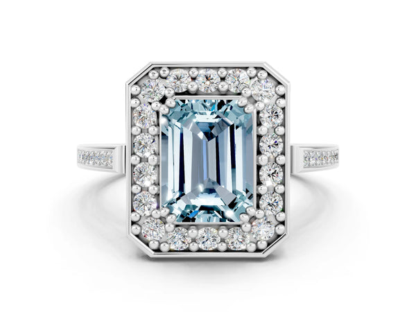 Silver Emerald Cut Aquamarine Halo Ring with Split Shank and Four-Prong Setting
