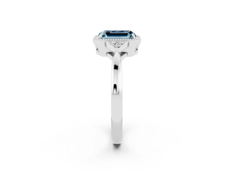 White gold Emerald Cut Aquamarine Halo Ring with Tapered Band and Four-Prong Setting_2