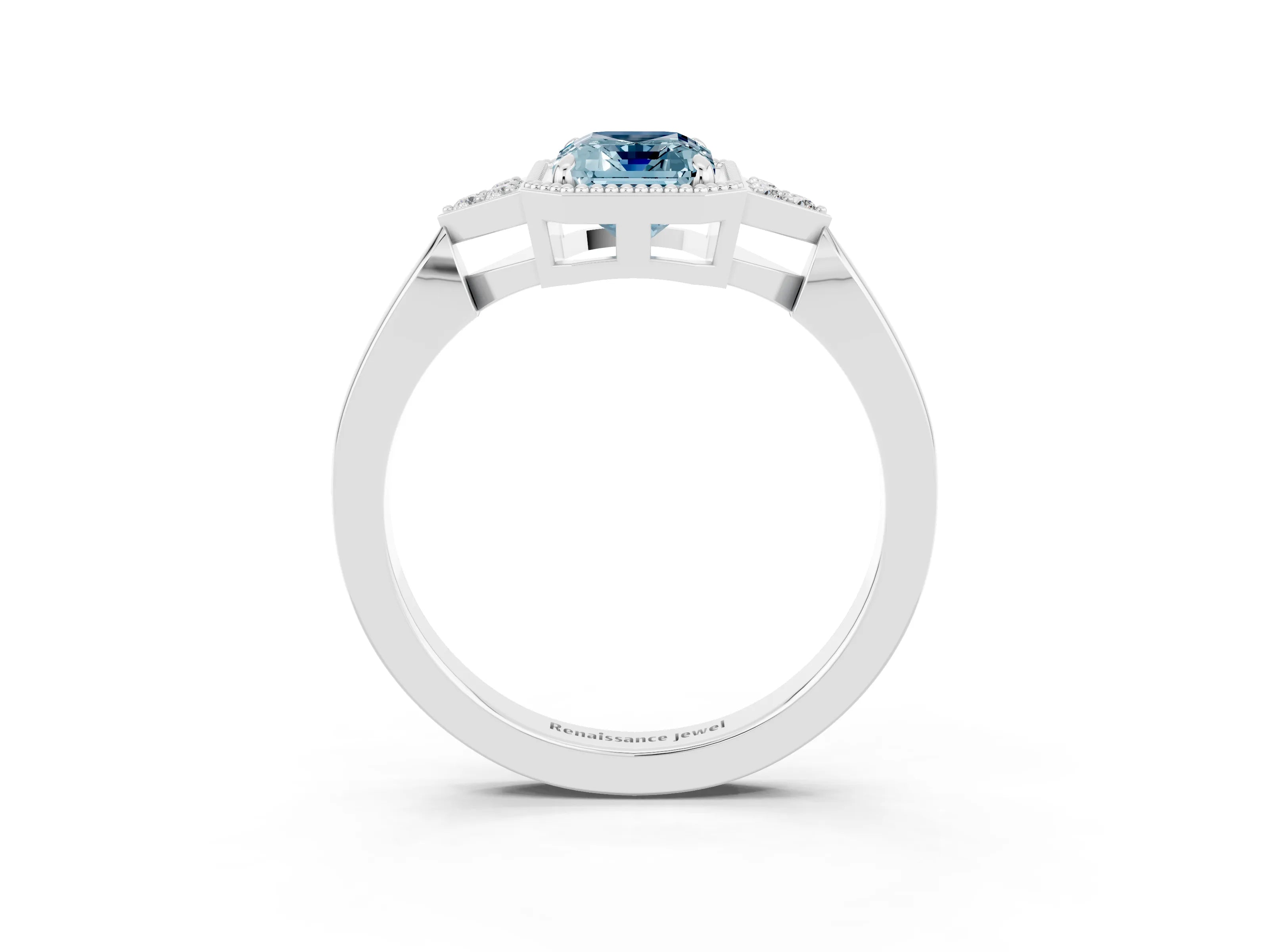 White gold Emerald Cut Aquamarine Halo Ring with Tapered Band and Four-Prong Setting_3