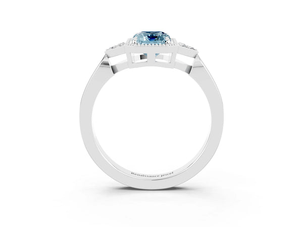 Silver Emerald Cut Aquamarine Halo Ring with Tapered Band and Four-Prong Setting