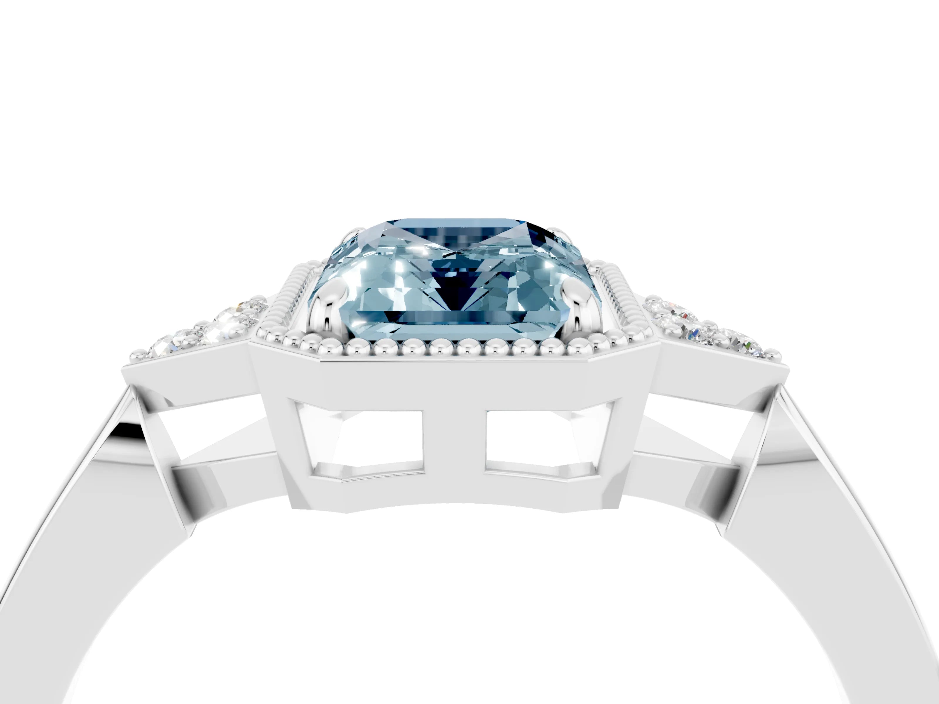 White gold Emerald Cut Aquamarine Halo Ring with Tapered Band and Four-Prong Setting_4