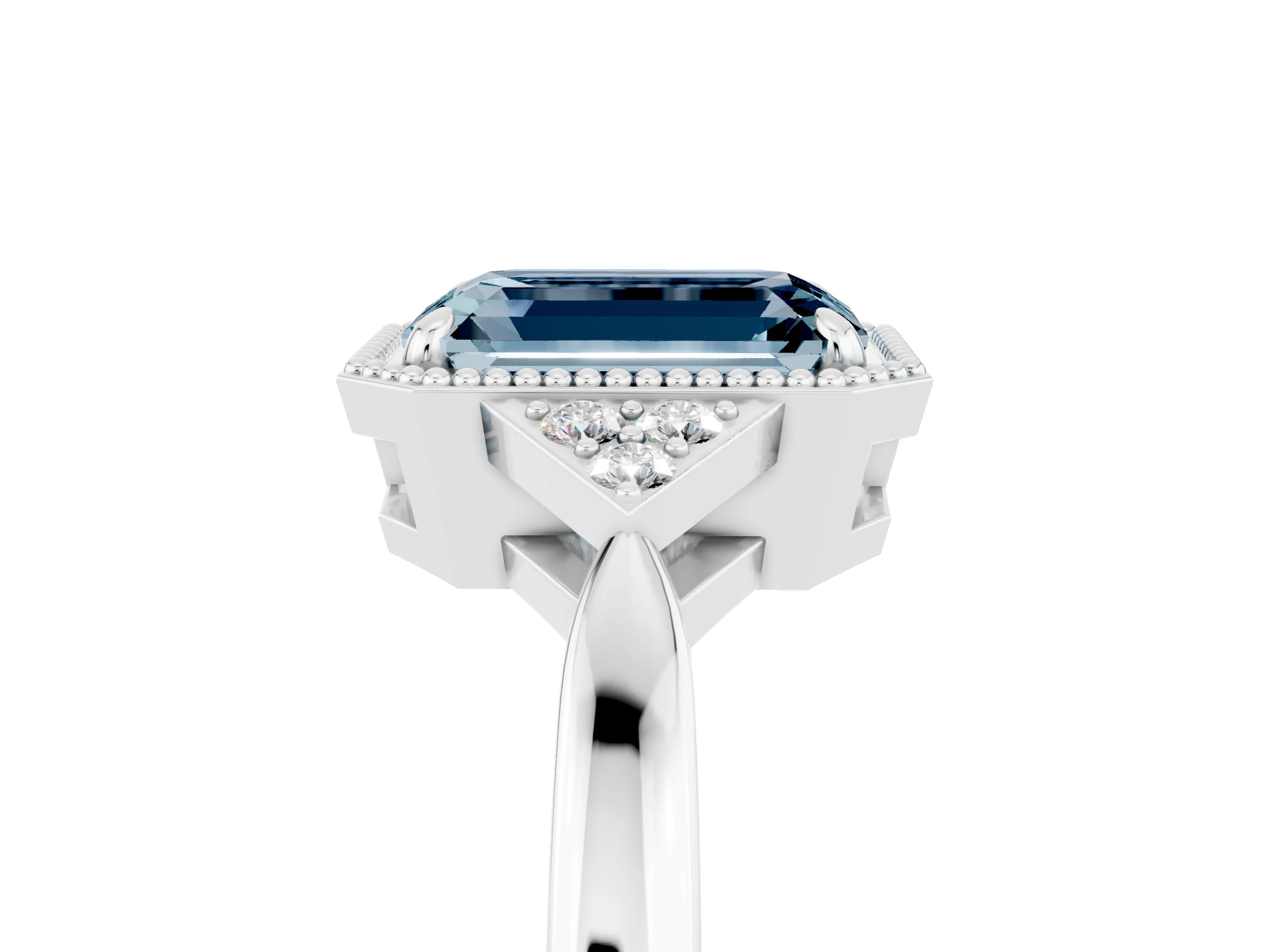 White gold Emerald Cut Aquamarine Halo Ring with Tapered Band and Four-Prong Setting_5