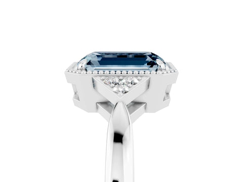 White gold Emerald Cut Aquamarine Halo Ring with Tapered Band and Four-Prong Setting_5