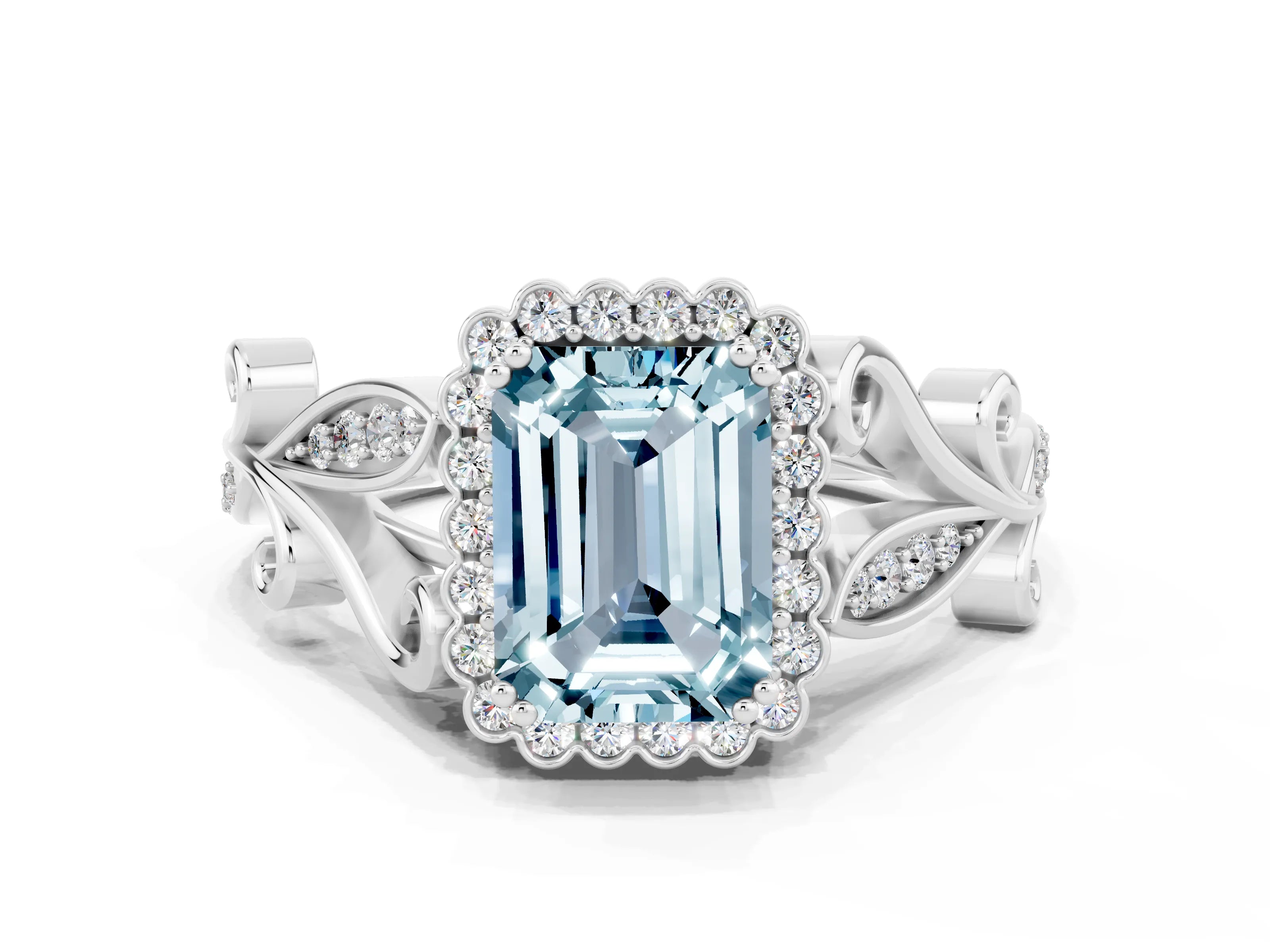 White gold Emerald Cut Aquamarine Halo Ring with Vintage Split Shank and Four-Prong Setting_24