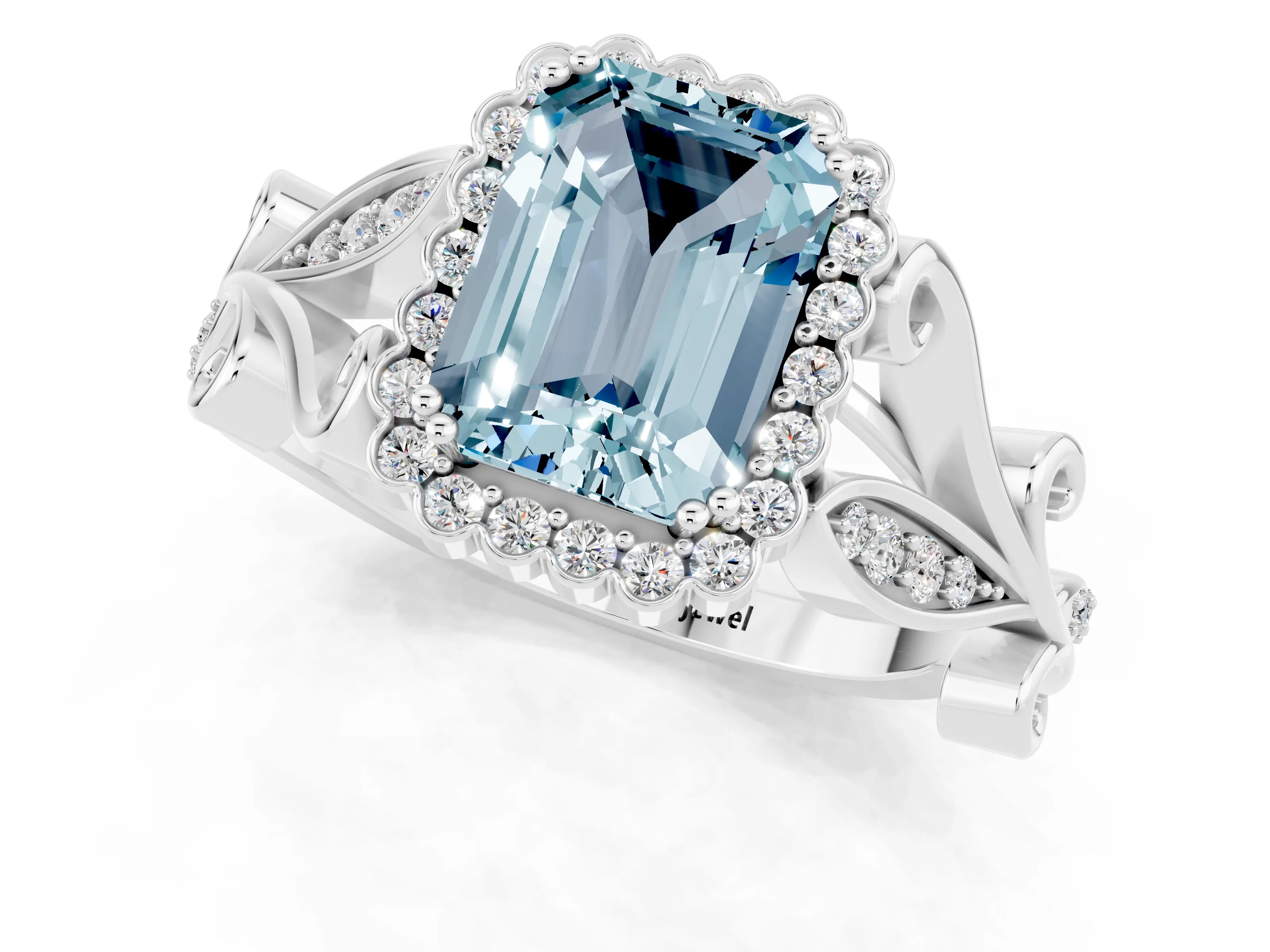 White gold Emerald Cut Aquamarine Halo Ring with Vintage Split Shank and Four-Prong Setting_25