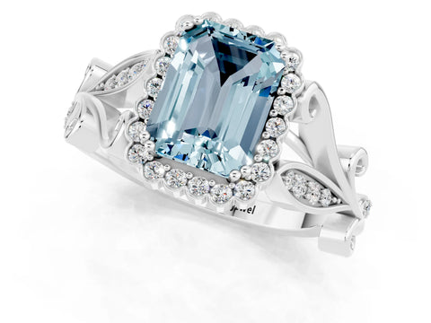 White gold Emerald Cut Aquamarine Halo Ring with Vintage Split Shank and Four-Prong Setting_25