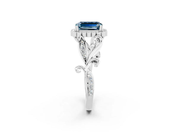 Platinum Emerald Cut Aquamarine Halo Ring with Vintage Split Shank and Four-Prong Setting