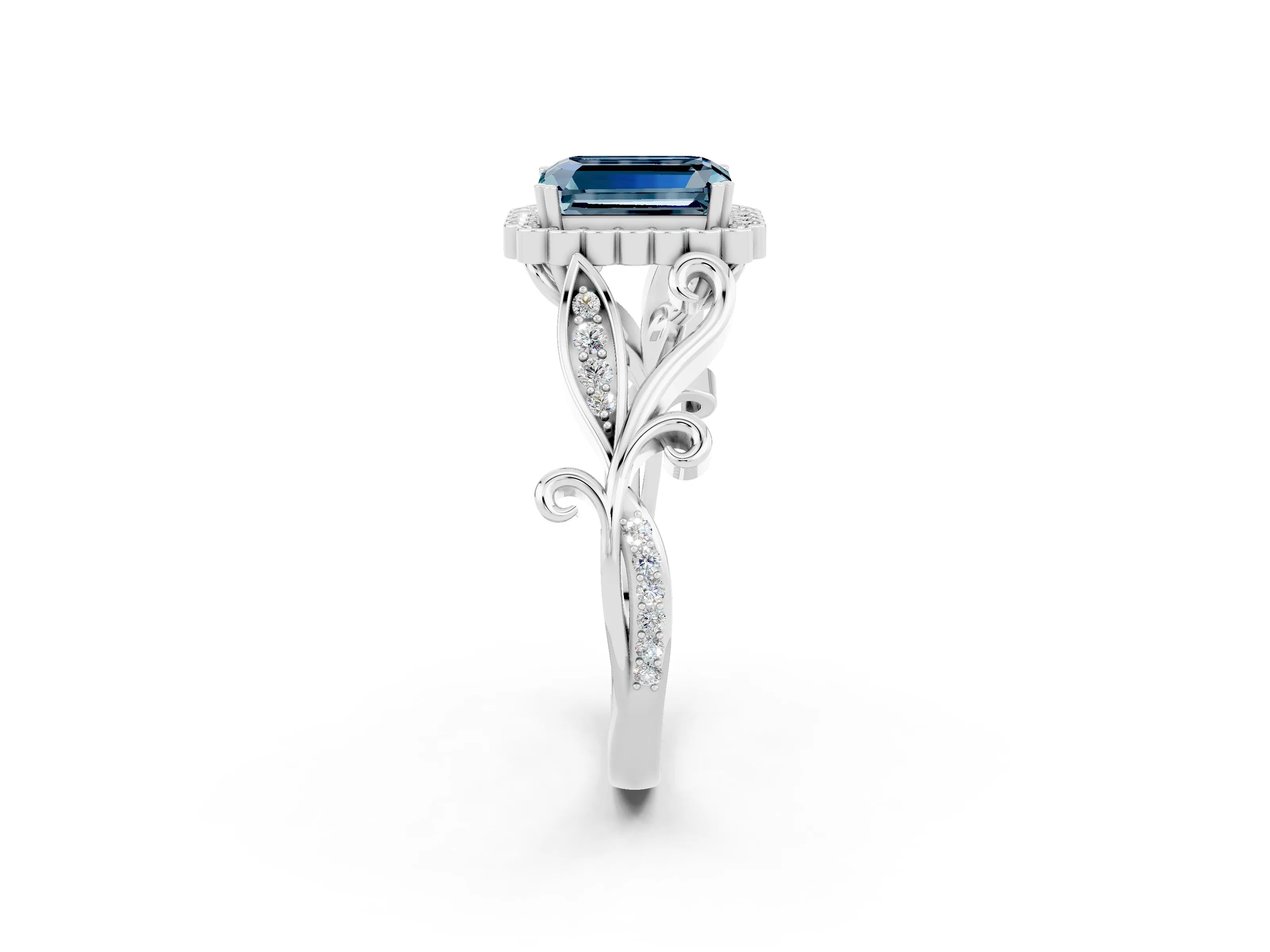 White gold Emerald Cut Aquamarine Halo Ring with Vintage Split Shank and Four-Prong Setting_26