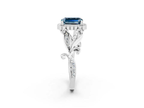 White gold Emerald Cut Aquamarine Halo Ring with Vintage Split Shank and Four-Prong Setting_26