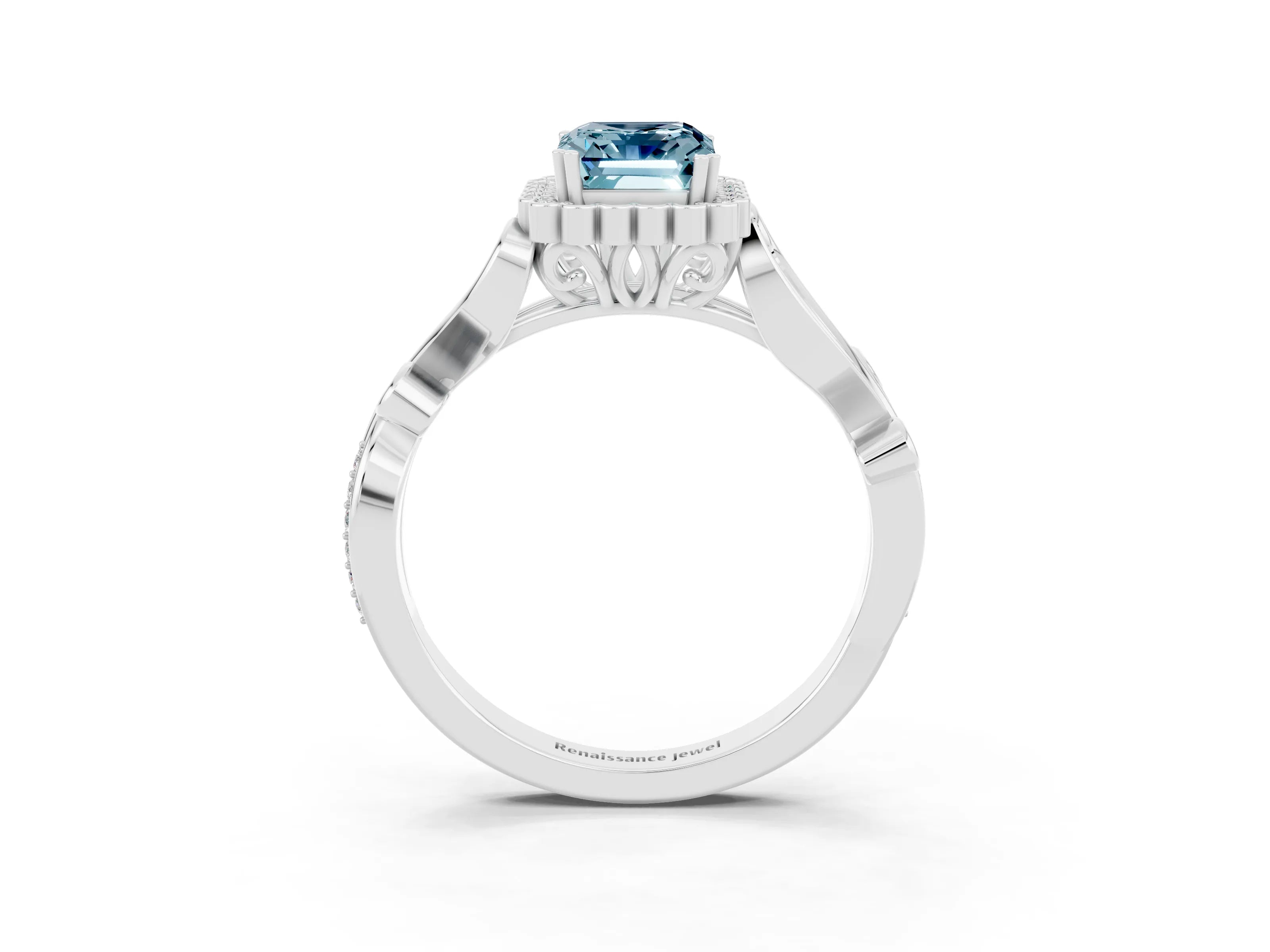 White gold Emerald Cut Aquamarine Halo Ring with Vintage Split Shank and Four-Prong Setting_27