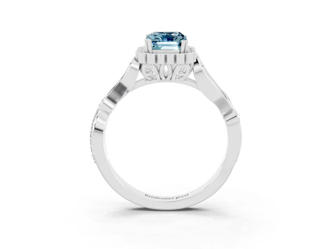 White gold Emerald Cut Aquamarine Halo Ring with Vintage Split Shank and Four-Prong Setting_27