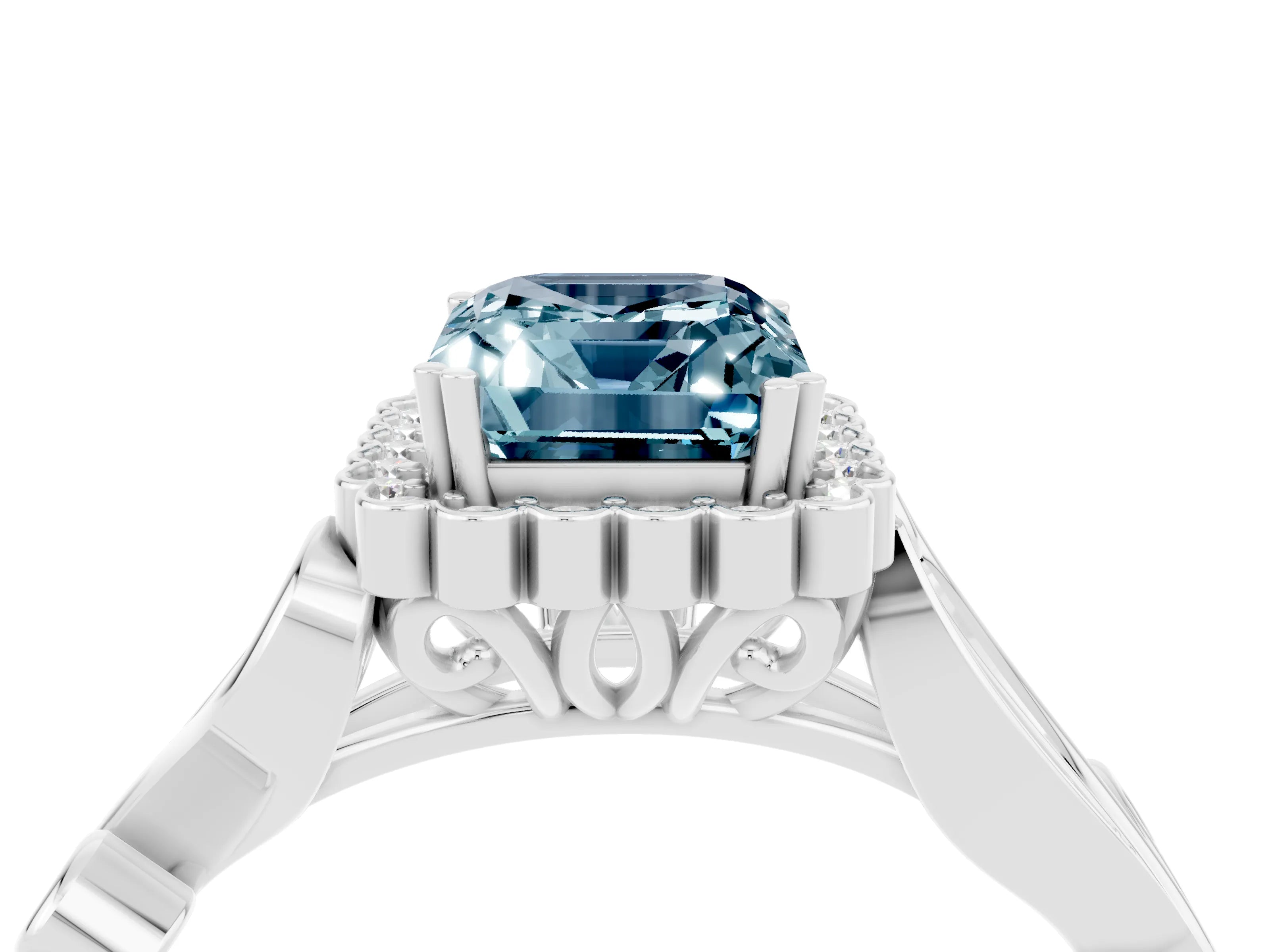 White gold Emerald Cut Aquamarine Halo Ring with Vintage Split Shank and Four-Prong Setting_28