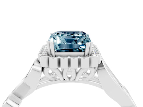 White gold Emerald Cut Aquamarine Halo Ring with Vintage Split Shank and Four-Prong Setting_28
