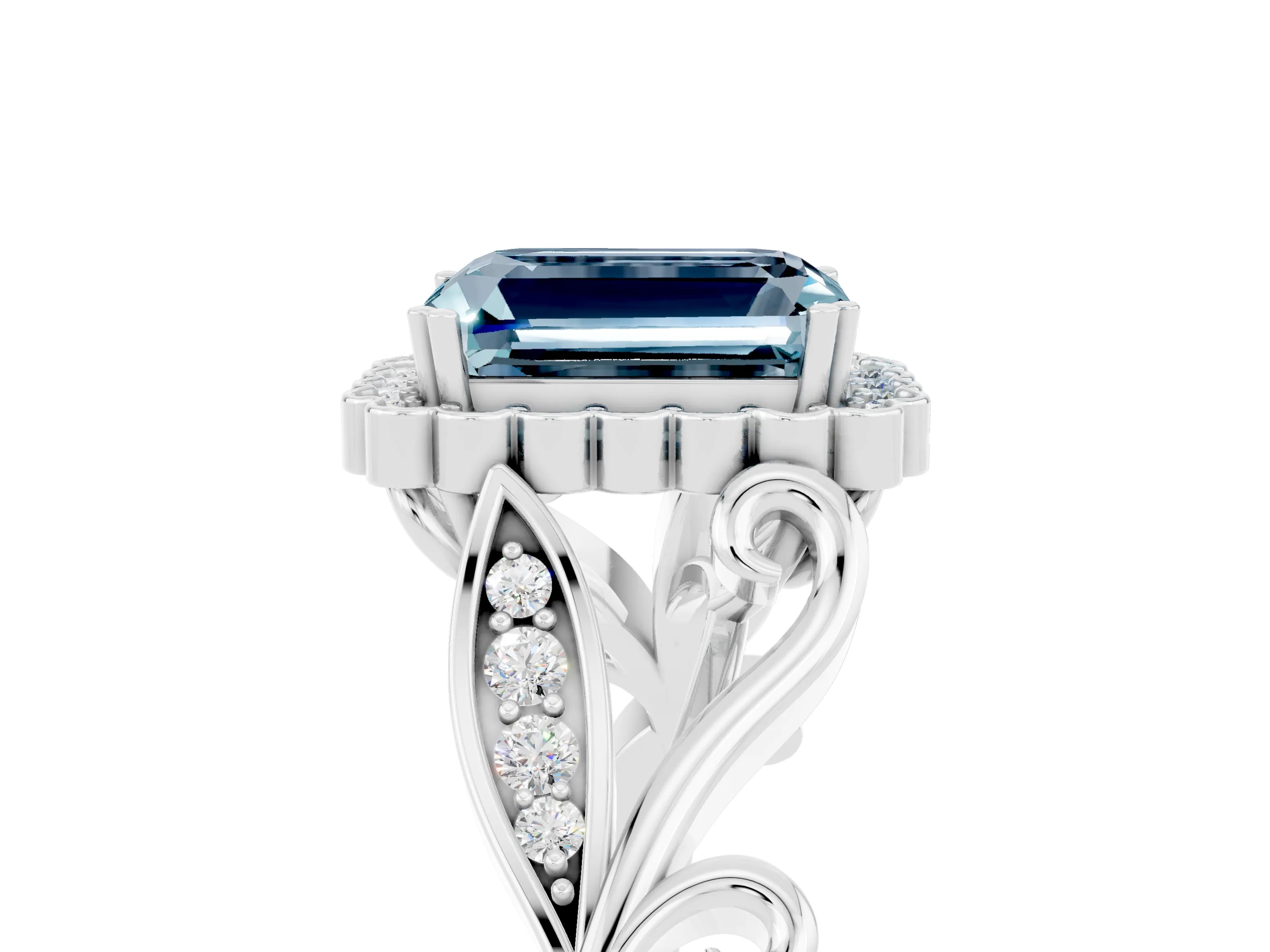 White gold Emerald Cut Aquamarine Halo Ring with Vintage Split Shank and Four-Prong Setting_29