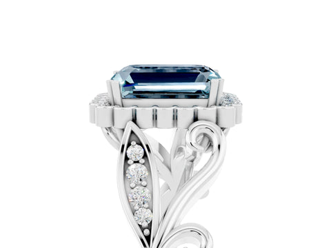 White gold Emerald Cut Aquamarine Halo Ring with Vintage Split Shank and Four-Prong Setting_29