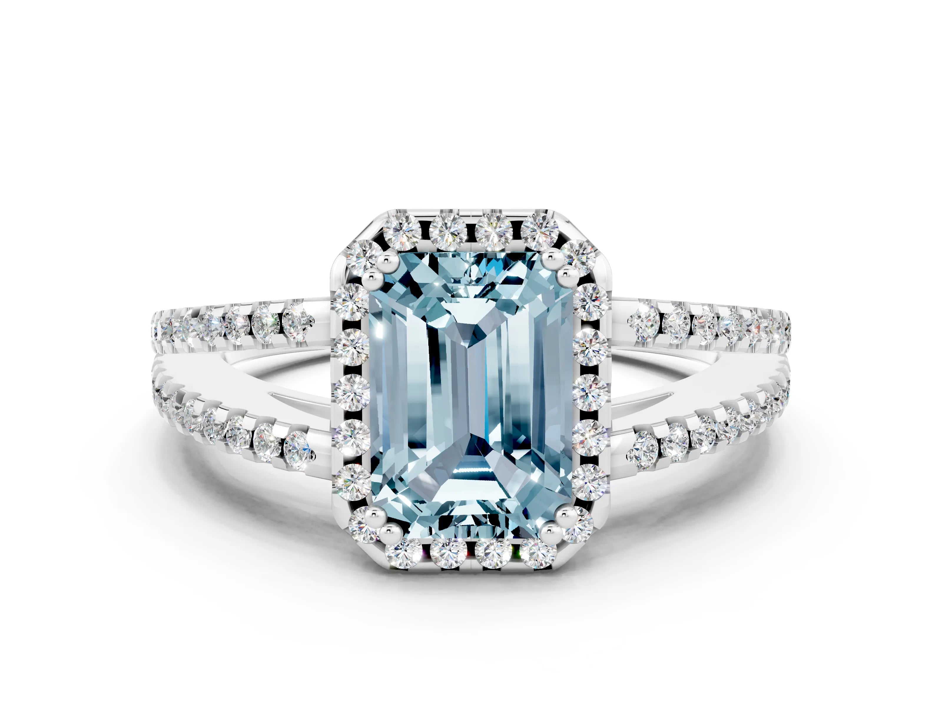 White gold Emerald Cut Aquamarine Halo Split Shank Engagement Ring_12