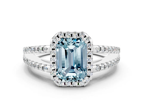 White gold Emerald Cut Aquamarine Halo Split Shank Engagement Ring_12