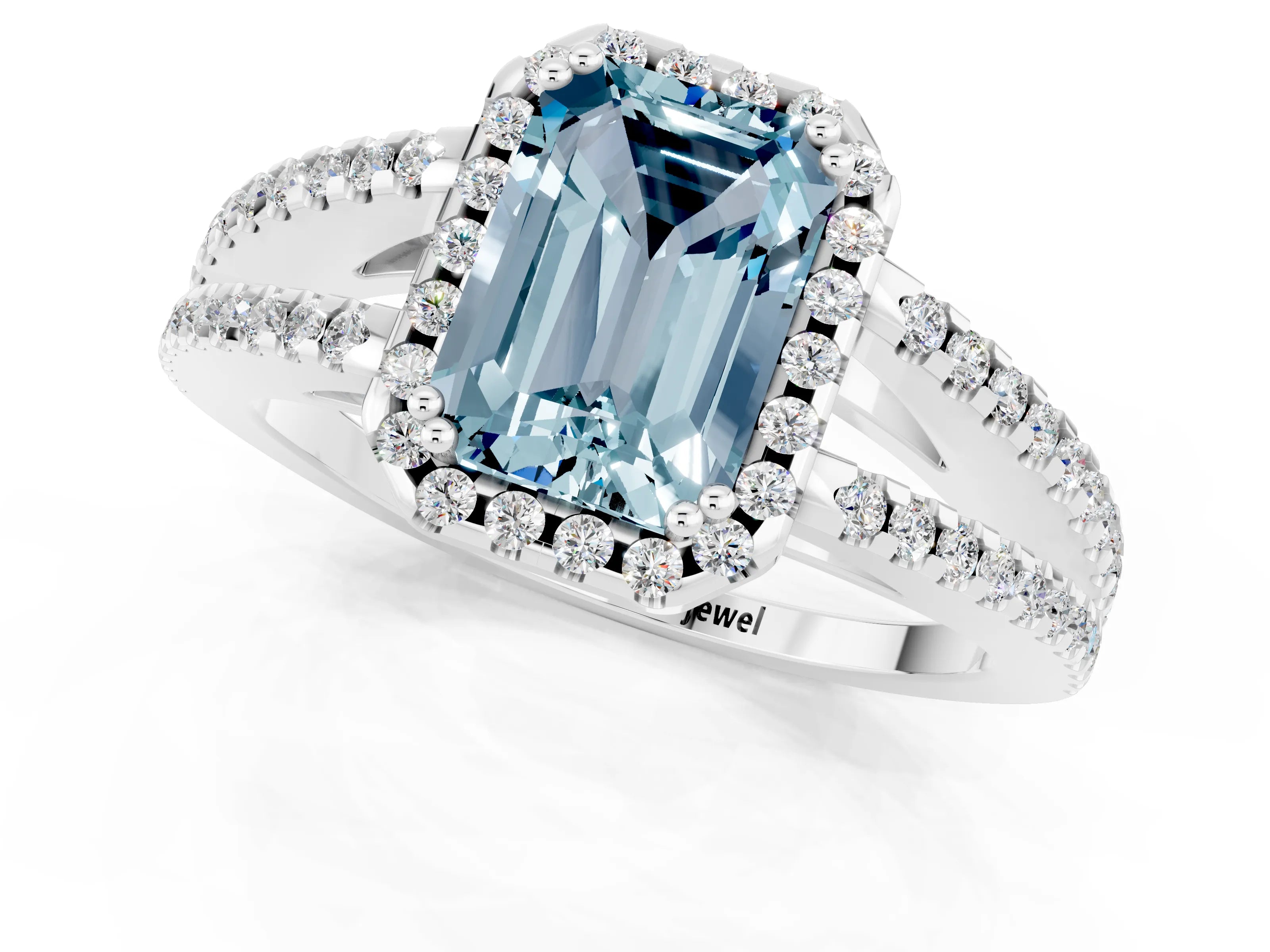 White gold Emerald Cut Aquamarine Halo Split Shank Engagement Ring_13