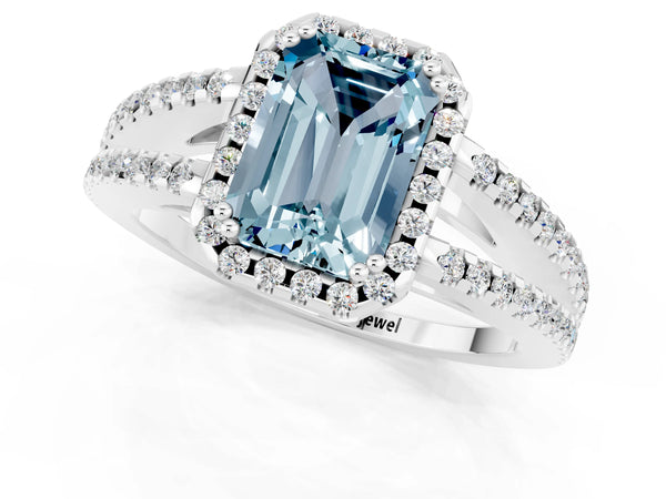 White gold Emerald Cut Aquamarine Halo Split Shank Engagement Ring
